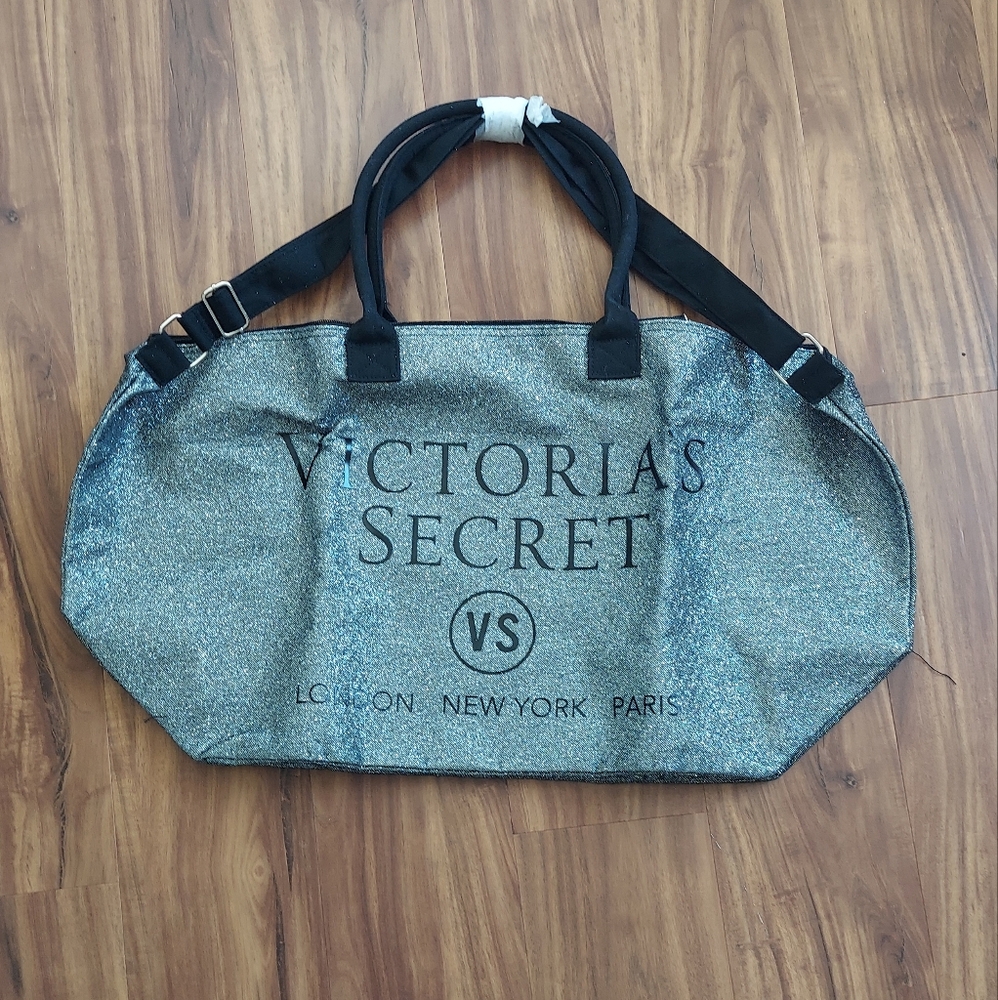 Victoria's Secret Wekender Tote Black Silver Metallic NWOT